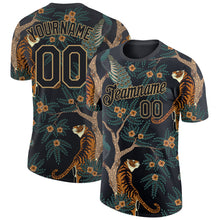 Загрузить изображение в средство просмотра галереи, Custom Black Black-Old Gold 3D Pattern Design Tiger And Peacock Performance T-Shirt