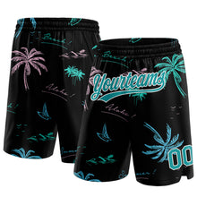 Laden Sie das Bild in den Galerie-Viewer, Custom Black Teal-White 3D Pattern Hawaii Palm Trees Authentic Basketball Shorts