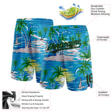 Laden Sie das Bild in den Galerie-Viewer, Custom Sky Blue Black-Grass Green 3D Pattern Hawaii Palm Trees And Island Authentic Basketball Shorts