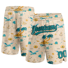 Загрузить изображение в средство просмотра галереи, Custom Cream Teal-Black 3D Pattern Beach Hawaii Palm Trees Authentic Basketball Shorts