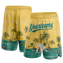 Laden Sie das Bild in den Galerie-Viewer, Custom Yellow Kelly Green-White 3D Pattern Hawaii Palm Trees And Island Authentic Basketball Shorts