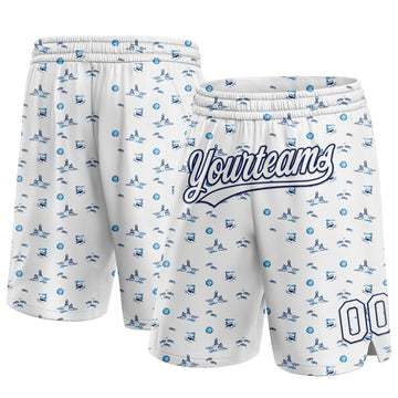 Custom White Navy 3D Pattern Fish And Ships Authentic Basketball Shorts