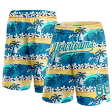Загрузить изображение в средство просмотра галереи, Custom Teal Gold 3D Pattern Hawaii Palm Trees And Flowers Authentic Basketball Shorts