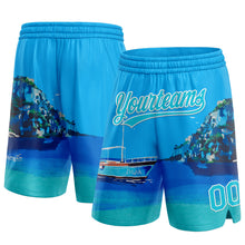 Load image into Gallery viewer, Custom Light Blue Lakes Blue-White 3D Pattern Hawaii Beach Island And Ship Authentic Basketball Shorts