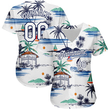 Laden Sie das Bild in den Galerie-Viewer, Custom White Navy 3D Pattern Design Hawaii Palm Trees Island And Sailboat Authentic Baseball Jersey