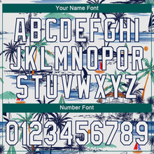 Laden Sie das Bild in den Galerie-Viewer, Custom White Navy 3D Pattern Design Hawaii Palm Trees Island And Sailboat Authentic Baseball Jersey