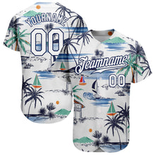 Laden Sie das Bild in den Galerie-Viewer, Custom White Navy 3D Pattern Design Hawaii Palm Trees Island And Sailboat Authentic Baseball Jersey
