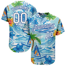 Laden Sie das Bild in den Galerie-Viewer, Custom White Royal 3D Pattern Design Beach Hawaii Palm Trees And Flowers Authentic Baseball Jersey