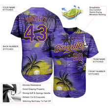 Load image into Gallery viewer, Custom Purple Yellow 3D Pattern Design Sun Beach Hawaii Palm Trees Authentic Baseball Jersey