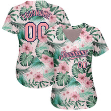 Laden Sie das Bild in den Galerie-Viewer, Custom White Medium Pink-Navy 3D Pattern Design Hawaii Palm Leaves And Flowers Authentic Baseball Jersey