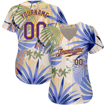 Laden Sie das Bild in den Galerie-Viewer, Custom White Purple-Gold 3D Pattern Design Hawaii Palm Leaves And Flowers Authentic Baseball Jersey