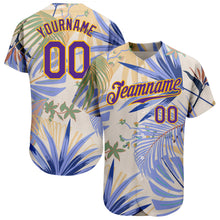 Laden Sie das Bild in den Galerie-Viewer, Custom White Purple-Gold 3D Pattern Design Hawaii Palm Leaves And Flowers Authentic Baseball Jersey