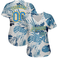 Laden Sie das Bild in den Galerie-Viewer, Custom White Electric Blue-Gold 3D Pattern Design Hawaii Palm Leaves And Flowers Authentic Baseball Jersey