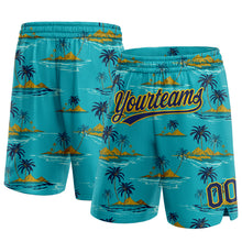 Загрузить изображение в средство просмотра галереи, Custom Teal Navy-Yellow 3D Pattern Hawaii Palm Trees And Island Authentic Basketball Shorts