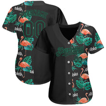 Загрузить изображение в средство просмотра галереи, Custom Black Kelly Green 3D Pattern Design Hawaii Flamingos And Leaves Authentic Baseball Jersey