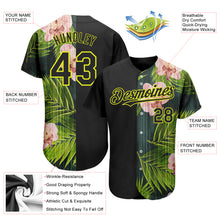 Charger l'image dans la galerie, Custom Black Neon Yellow 3D Pattern Design Hawaii Tropical Palm Leaves With Orchids Authentic Baseball Jersey