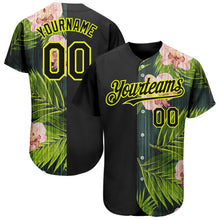 Charger l'image dans la galerie, Custom Black Neon Yellow 3D Pattern Design Hawaii Tropical Palm Leaves With Orchids Authentic Baseball Jersey