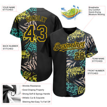 Laden Sie das Bild in den Galerie-Viewer, Custom Black Yellow 3D Pattern Design Hawaii Tropical Palm Leaves With Animal Print Authentic Baseball Jersey
