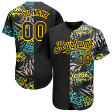 Laden Sie das Bild in den Galerie-Viewer, Custom Black Yellow 3D Pattern Design Hawaii Tropical Palm Leaves With Animal Print Authentic Baseball Jersey