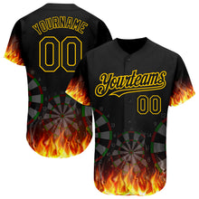 Load image into Gallery viewer, Custom Black Gold 3D Pattern Design Flame Dart Board Authentic Baseball Jersey
