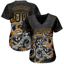 Загрузить изображение в средство просмотра галереи, Custom Black Old Gold 3D Pattern Design Octopus Wrapped Around Dart Board Authentic Baseball Jersey