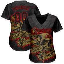Laden Sie das Bild in den Galerie-Viewer, Custom Black Red-Old Gold 3D Pattern Design In Dart We Trust Authentic Baseball Jersey