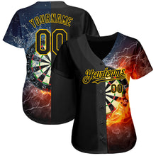 Load image into Gallery viewer, Custom Black Gold 3D Pattern Design Flame Dart Board Authentic Baseball Jersey