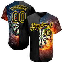 Load image into Gallery viewer, Custom Black Gold 3D Pattern Design Flame Dart Board Authentic Baseball Jersey