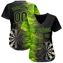 Laden Sie das Bild in den Galerie-Viewer, Custom Black Neon Green 3D Pattern Design Fiery Dart Board Authentic Baseball Jersey
