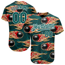 Load image into Gallery viewer, Custom Midnight Green White 3D Pattern Design Bowling Ball With Hotrod Flame Authentic Baseball Jersey
