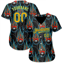 Load image into Gallery viewer, Custom Black Gold-Lakes Blue 3D Pattern Design Bowling Ball With Hotrod Flame Authentic Baseball Jersey