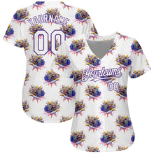 Load image into Gallery viewer, Custom White Purple 3D Pattern Design Growling Lion Among The Bowling Authentic Baseball Jersey