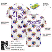 Load image into Gallery viewer, Custom White Purple 3D Pattern Design Growling Lion Among The Bowling Authentic Baseball Jersey