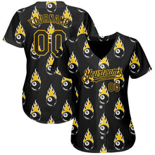 Load image into Gallery viewer, Custom Black Gold 3D Pattern Design Flaming Billiards Snooker 8 Ball Authentic Baseball Jersey