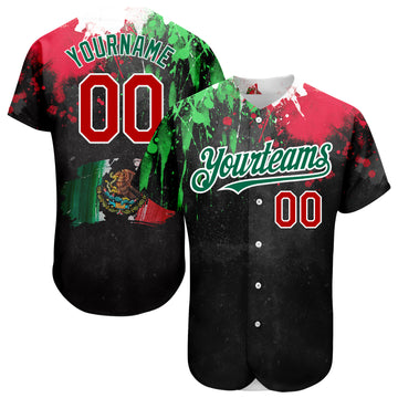 Custom Black Red Kelly Green 3D Mexican Flag Watercolored Splashes Grunge Design Authentic Baseball Jersey