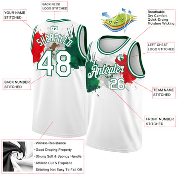 Custom White Kelly Green-Red 3D Mexico Splashes Authentic Basketball Jersey