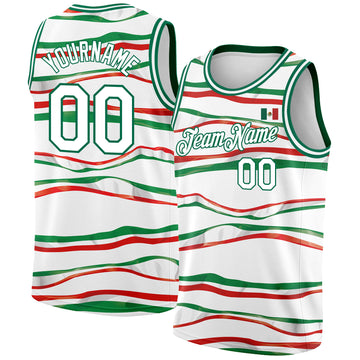 Custom White Kelly Green-Red 3D Mexican Flag Authentic Basketball Jersey