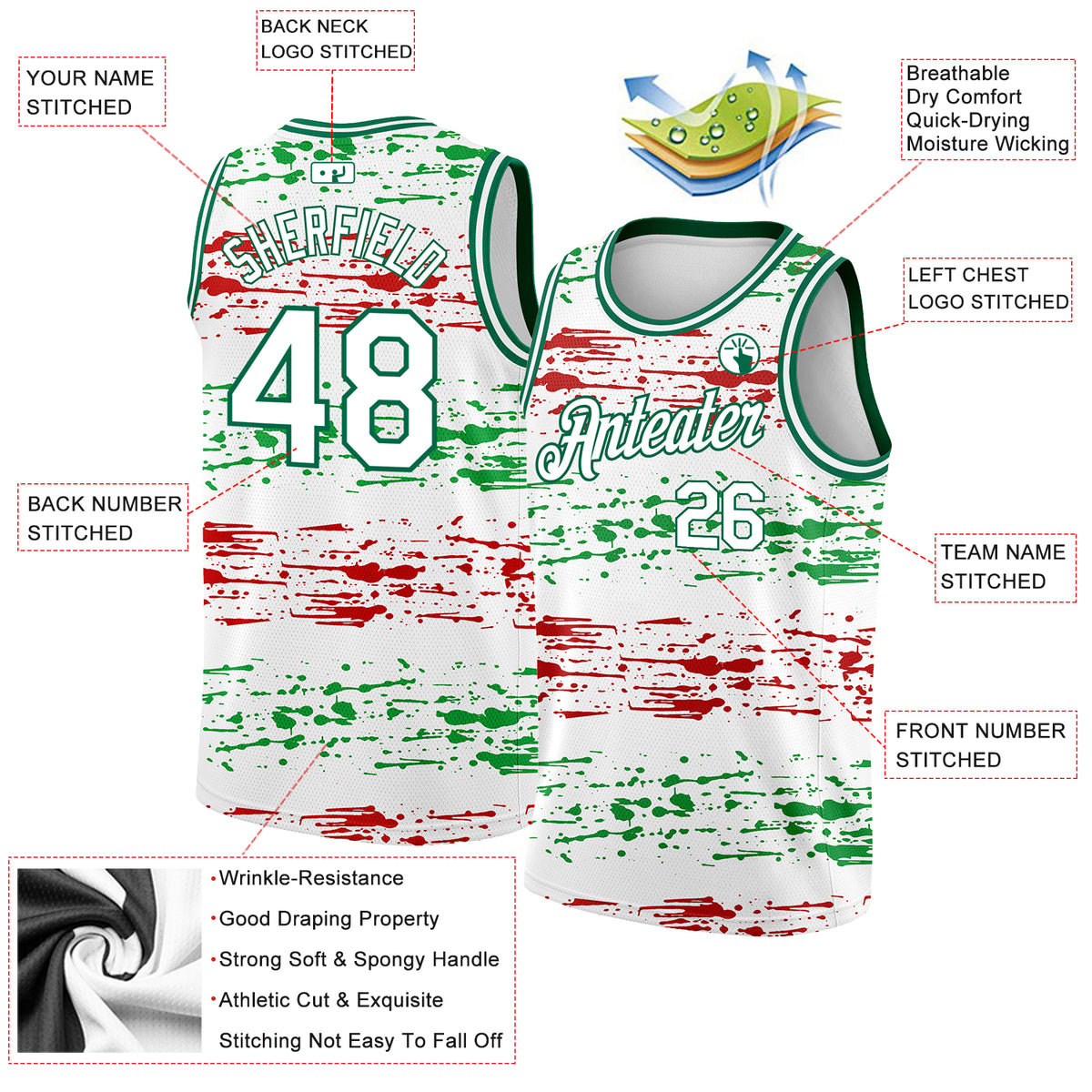 Custom Kelly Green Red-White 3D Mexico Watercolored Splashes Grunge Design  Authentic Basketball Jersey