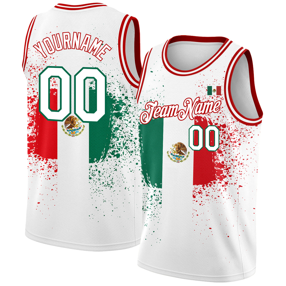 Custom Kelly Green Red-White 3D Mexico Watercolored Splashes