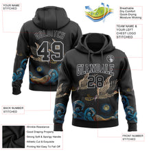 Load image into Gallery viewer, Custom Stitched Black Gray 3D Pattern Design Crane And Wave Sports Pullover Sweatshirt Hoodie