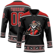 Charger l'image dans la galerie, Custom Black Red-White Christmas Santa Claus 3D Hockey Lace Neck Jersey