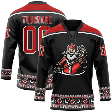 Custom Black Red-White Christmas Santa Claus 3D Hockey Lace Neck Jersey