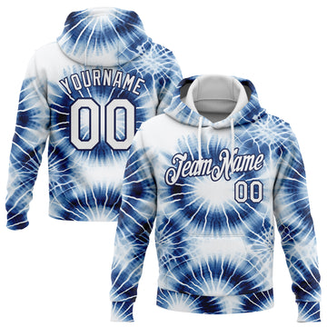 Custom Stitched Tie Dye White-Navy 3D Abstract Style Sports Pullover Sweatshirt Hoodie