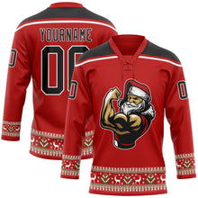 Load image into Gallery viewer, Custom Red Black-White Christmas Santa Claus 3D Hockey Lace Neck Jersey