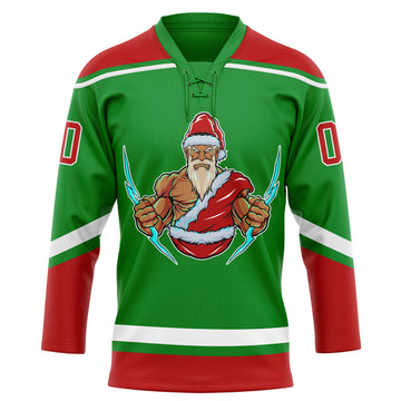 Custom Grass Green Red-White Christmas Santa Claus 3D Hockey Lace Neck Jersey