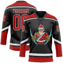 Charger l'image dans la galerie, Custom Black Red-White Christmas Santa Claus 3D Hockey Lace Neck Jersey