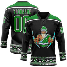 Charger l'image dans la galerie, Custom Black Grass Green-White Christmas Santa Claus 3D Hockey Lace Neck Jersey