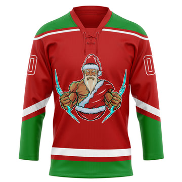 Custom Red Grass Green-White Christmas Santa Claus 3D Hockey Lace Neck Jersey