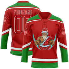 Charger l'image dans la galerie, Custom Red Grass Green-White Christmas Santa Claus 3D Hockey Lace Neck Jersey