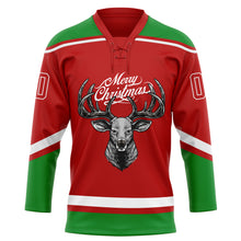 Charger l'image dans la galerie, Custom Red Grass Green-White Christmas Reindeer 3D Hockey Lace Neck Jersey
